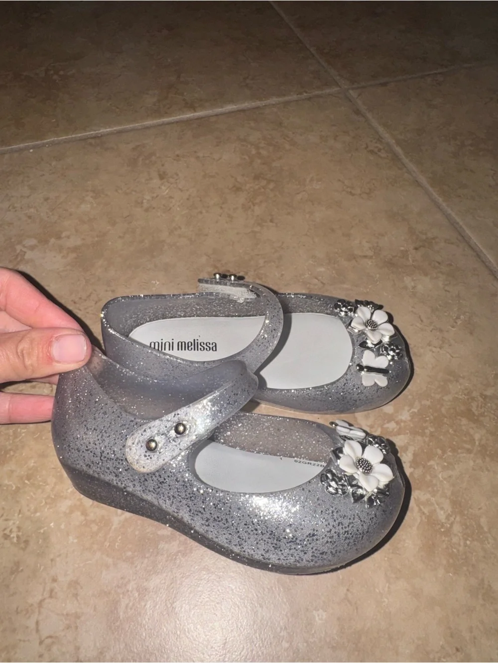 Mini Melissa Silver Glitter Mary Janes with Floral Charms